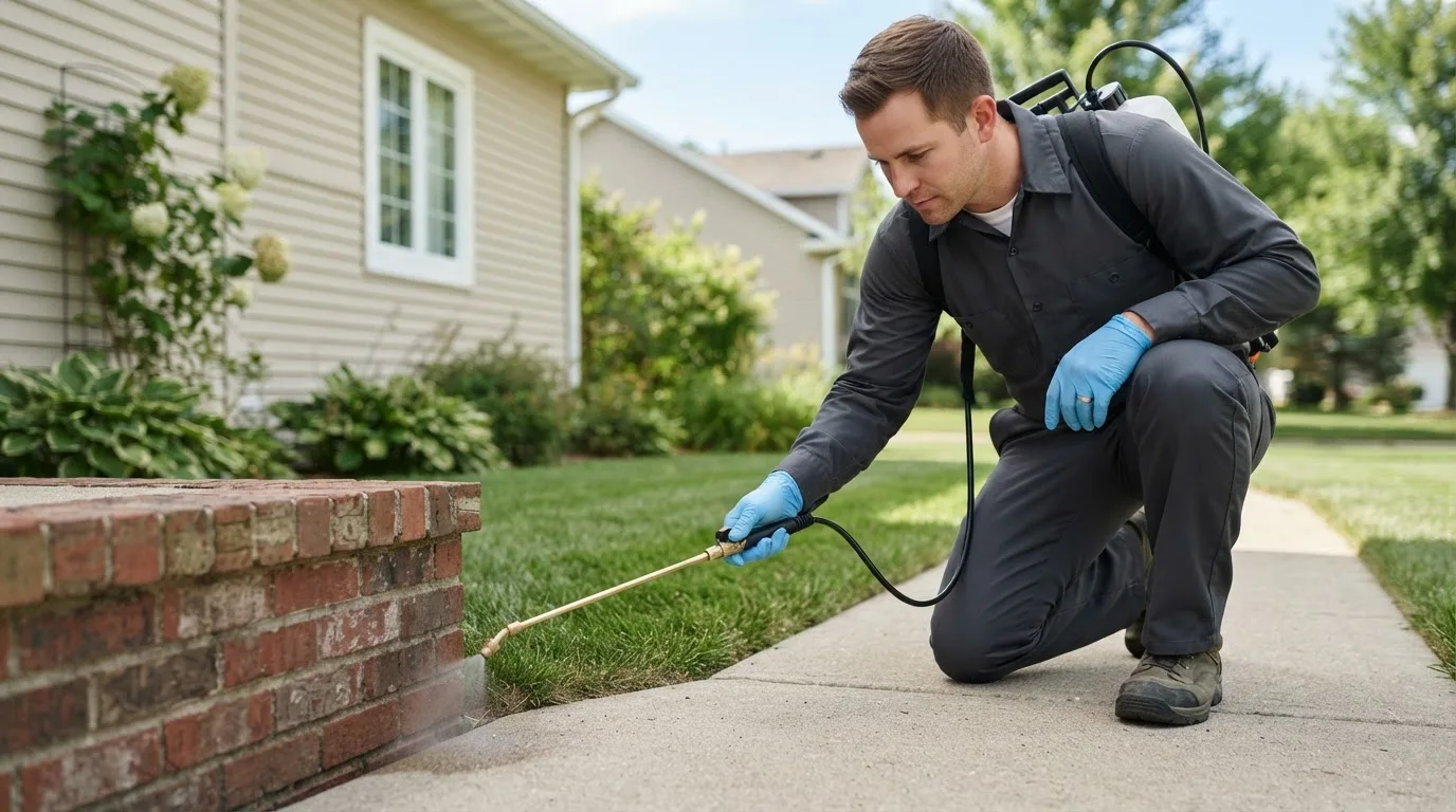 Pest control technician treating a home near Bates City, MO