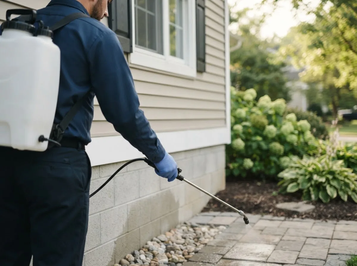 Pest control technician inspecting a home in Bates City, MO